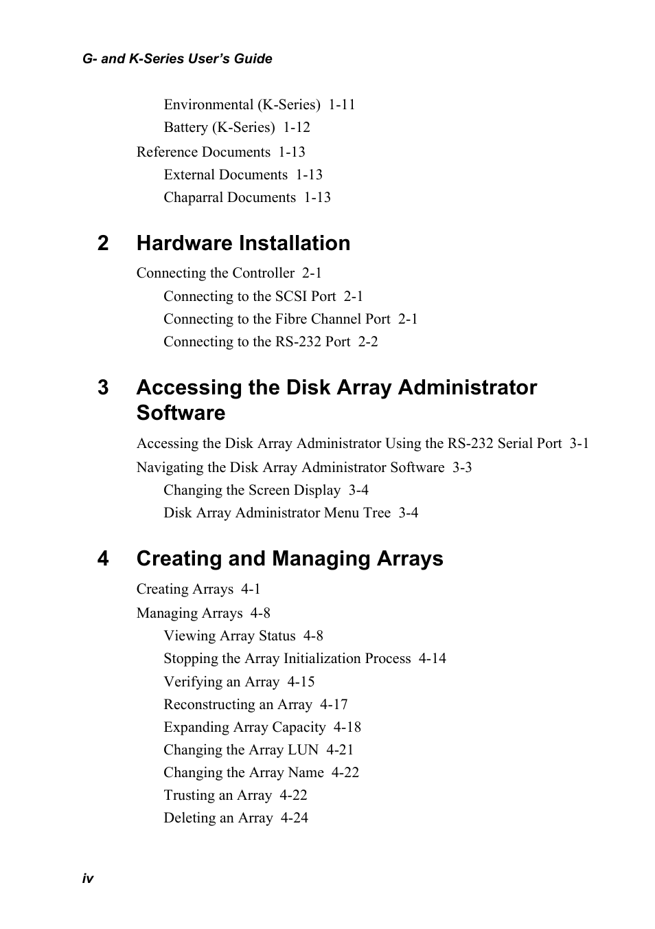 2 hardware installation, 3 accessing the disk array administrator software, 4 creating and managing arrays | 2hardware installation, 3accessing the disk array administrator software, 4creating and managing arrays | Chaparral K5312/K7313 User Manual | Page 6 / 160