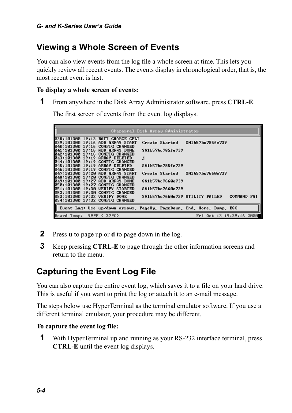 Viewing a whole screen of events, Capturing the event log file | Chaparral K5312/K7313 User Manual | Page 62 / 160