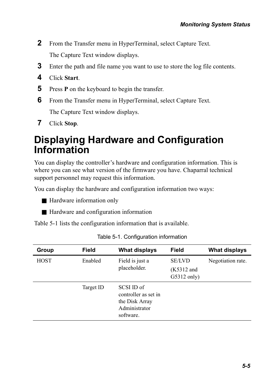 Displaying hardware and configuration information | Chaparral K5312/K7313 User Manual | Page 63 / 160