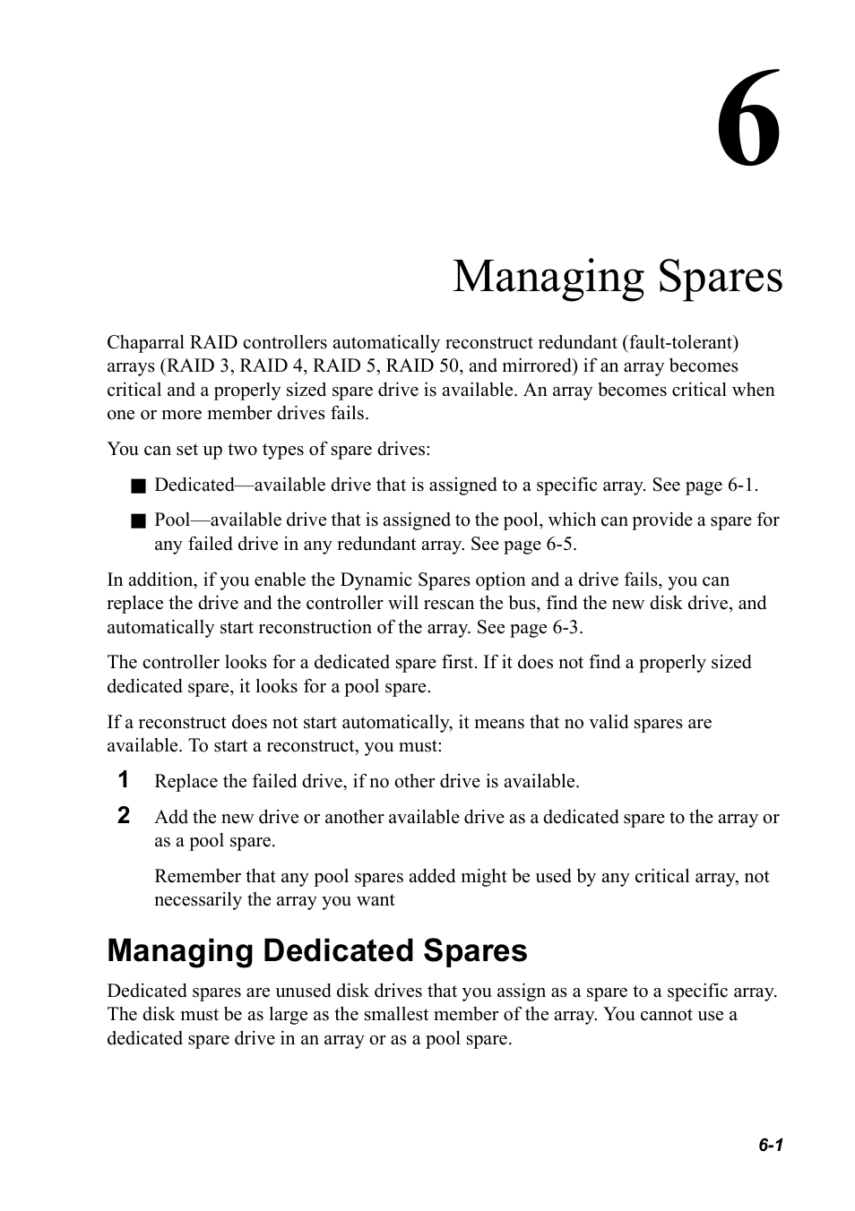 Managing spares, Managing dedicated spares, Managing dedicated spares 6-1 | Ee chapter 6, managing spares | Chaparral K5312/K7313 User Manual | Page 73 / 160