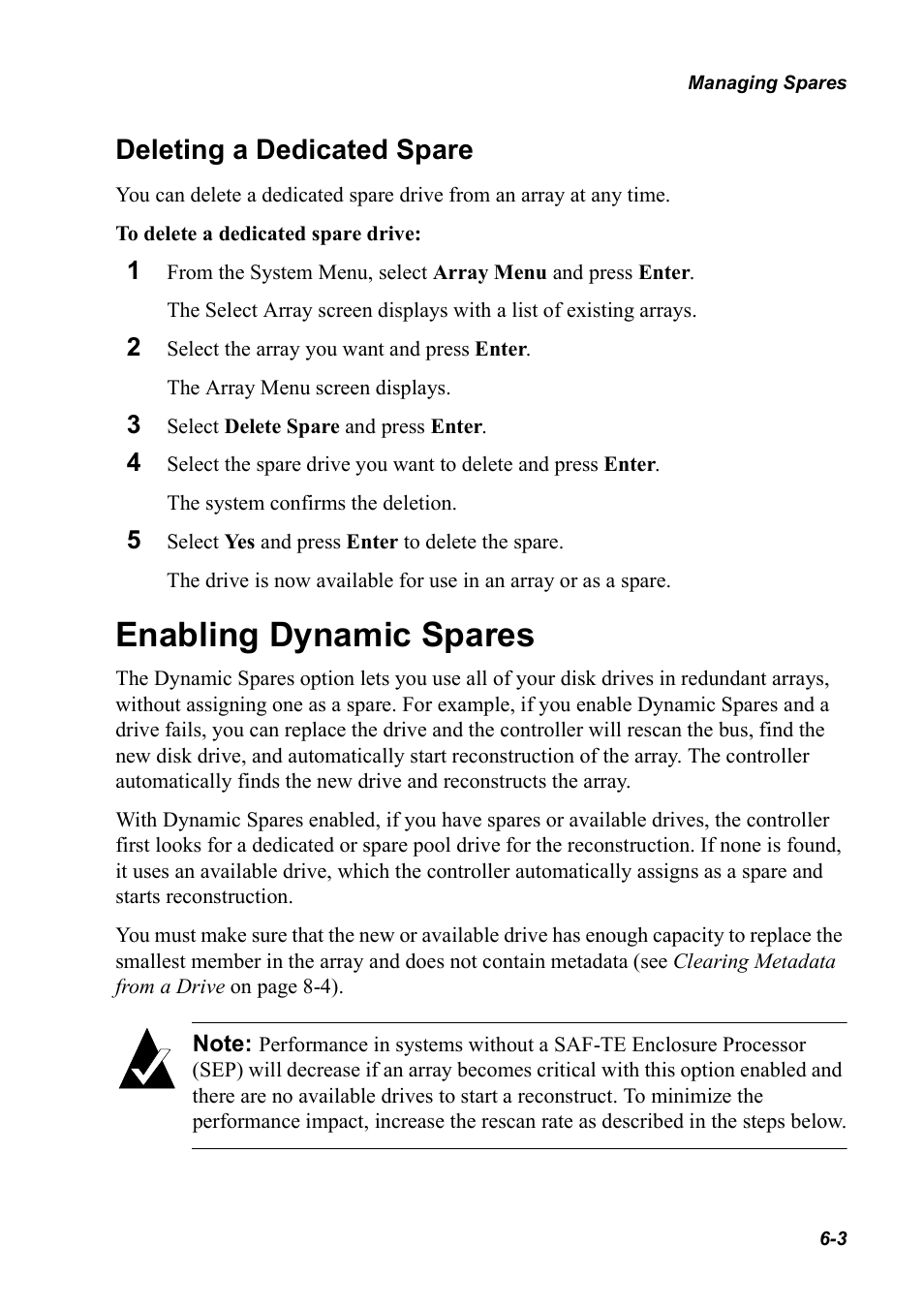 Deleting a dedicated spare, Enabling dynamic spares, Deleting a dedicated spare 6-3 | Enabling dynamic spares 6-3 | Chaparral K5312/K7313 User Manual | Page 75 / 160