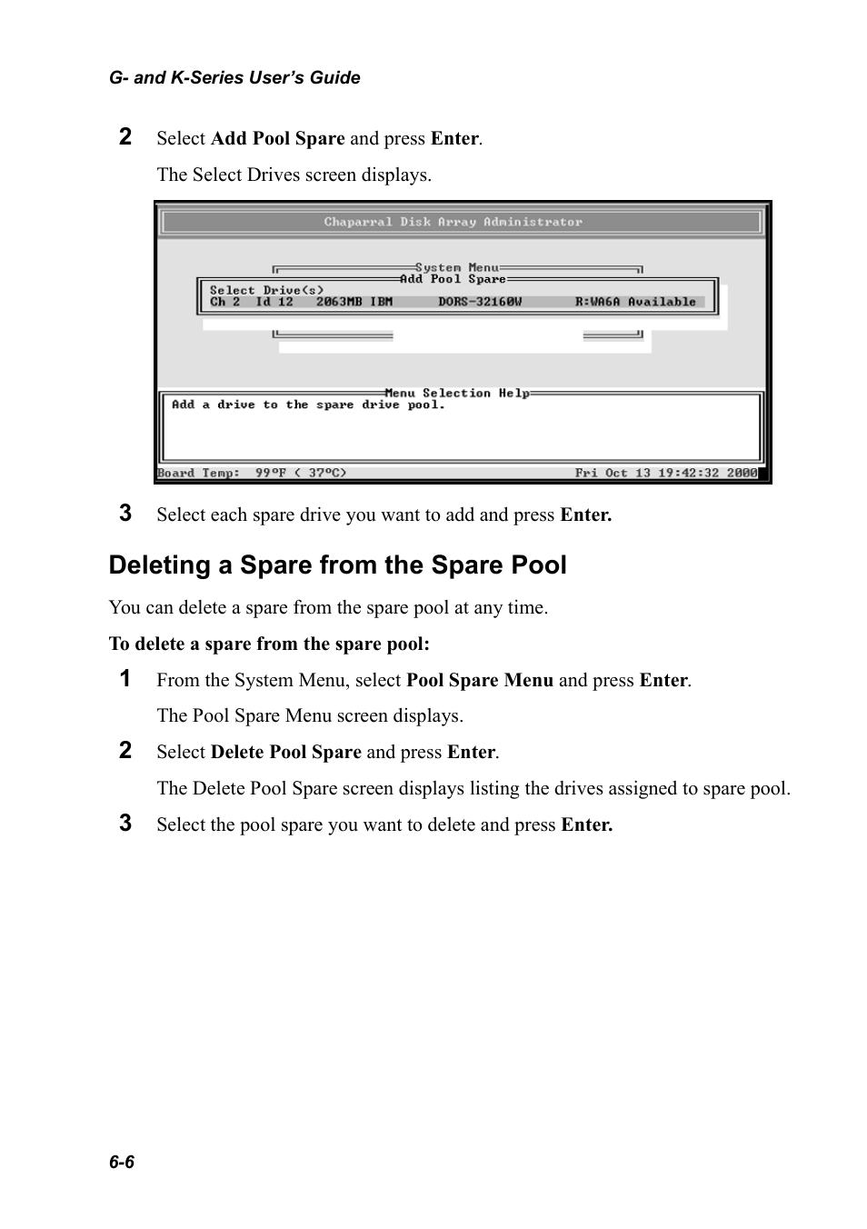 Deleting a spare from the spare pool, Deleting a spare from the spare pool 6-6 | Chaparral K5312/K7313 User Manual | Page 78 / 160