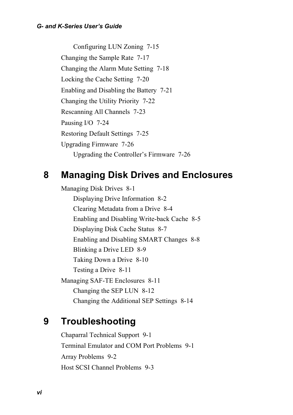 8 managing disk drives and enclosures, 9 troubleshooting, 8managing disk drives and enclosures | 9troubleshooting | Chaparral K5312/K7313 User Manual | Page 8 / 160