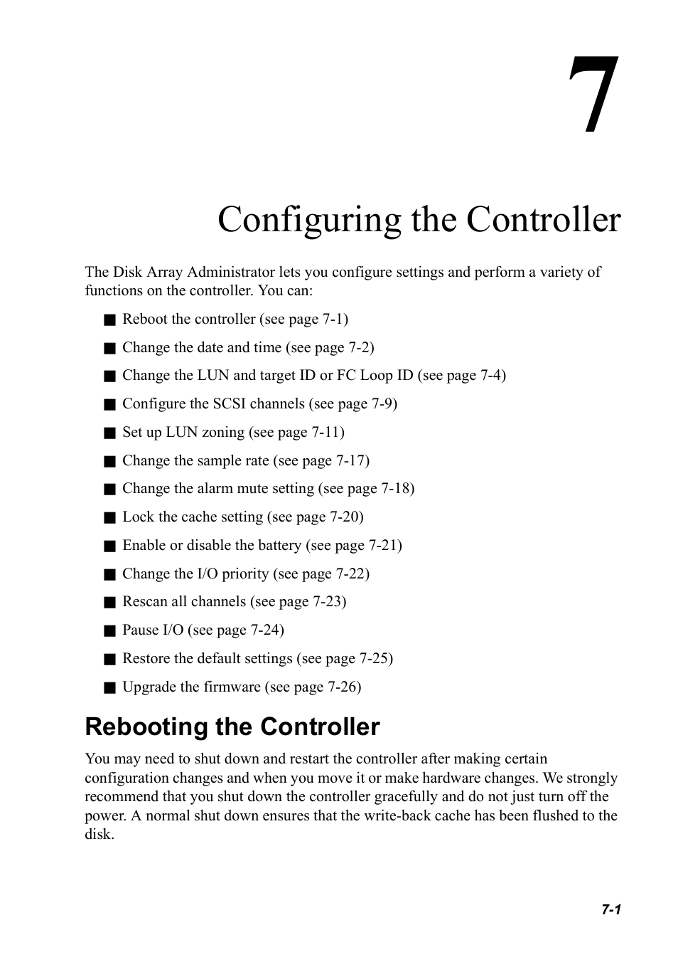 Configuring the controller, Rebooting the controller, Rebooting the controller 7-1 | Ee chapter 7, configuring the controller ) | Chaparral K5312/K7313 User Manual | Page 81 / 160