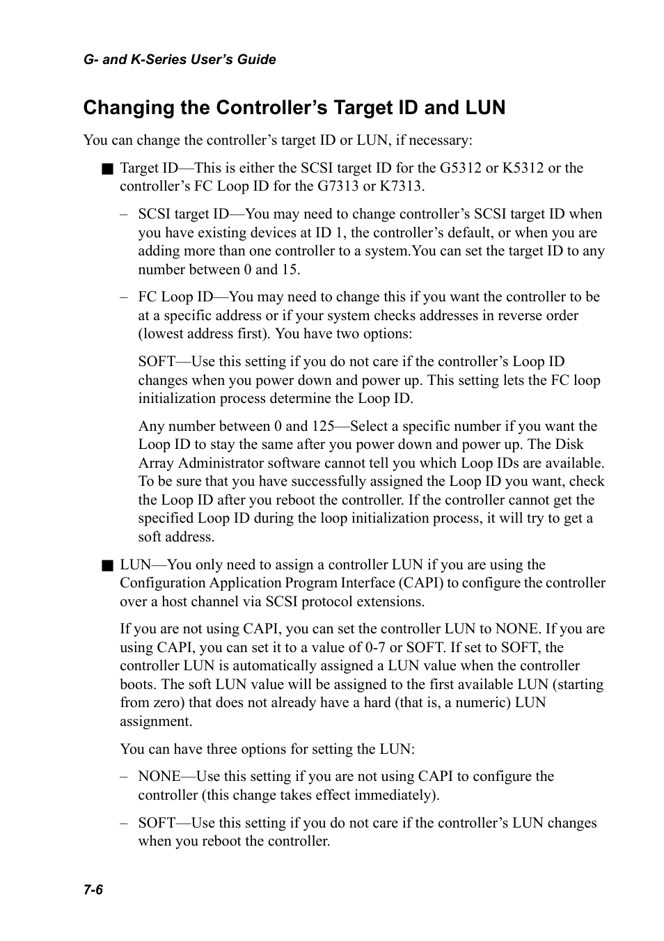 Changing the controller’s target id and lun, Changing the controller’s target id and lun 7-6 | Chaparral K5312/K7313 User Manual | Page 86 / 160