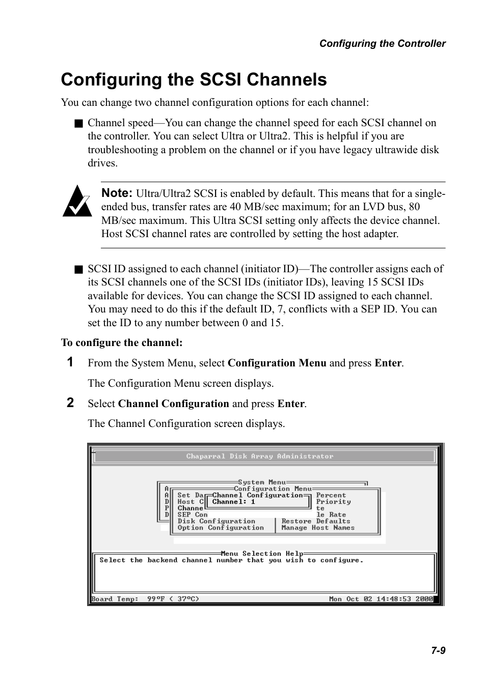 Configuring the scsi channels, Configuring the scsi channels 7-9 | Chaparral K5312/K7313 User Manual | Page 89 / 160