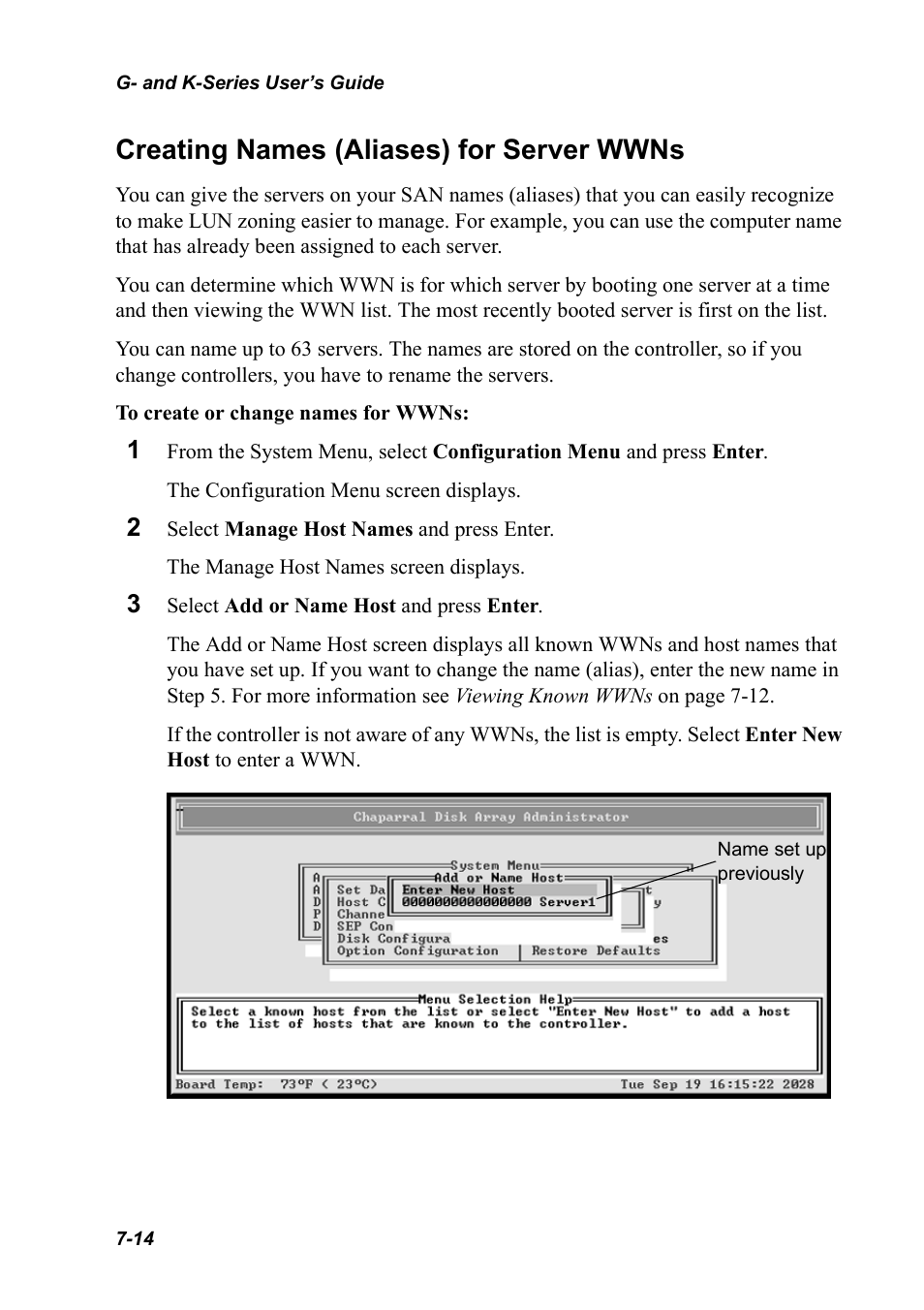 Creating names (aliases) for server wwns, Creating names (aliases) for server wwns 7-14 | Chaparral K5312/K7313 User Manual | Page 94 / 160