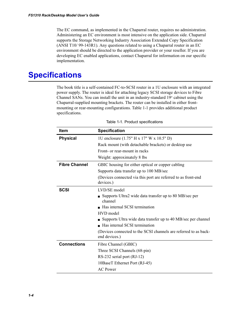 Specifications | Chaparral Fibre Channel -to-SCSI Router Chaparral FS 1310 User Manual | Page 14 / 96