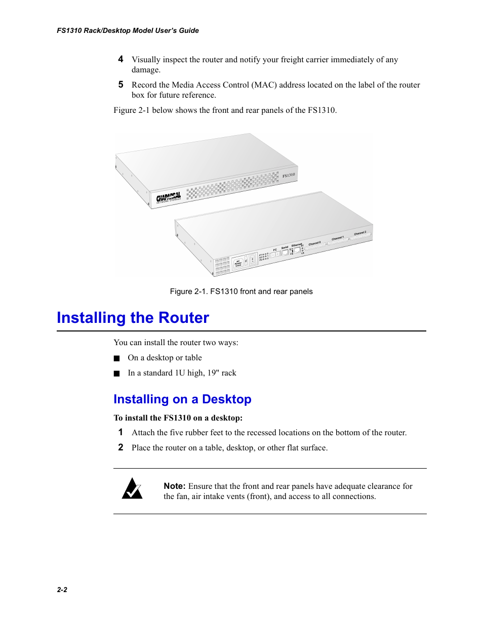 Installing the router, Installing on a desktop | Chaparral Fibre Channel -to-SCSI Router Chaparral FS 1310 User Manual | Page 18 / 96