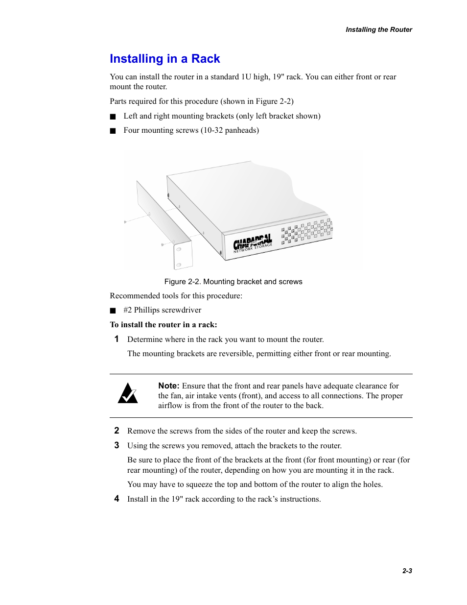 Installing in a rack | Chaparral Fibre Channel -to-SCSI Router Chaparral FS 1310 User Manual | Page 19 / 96