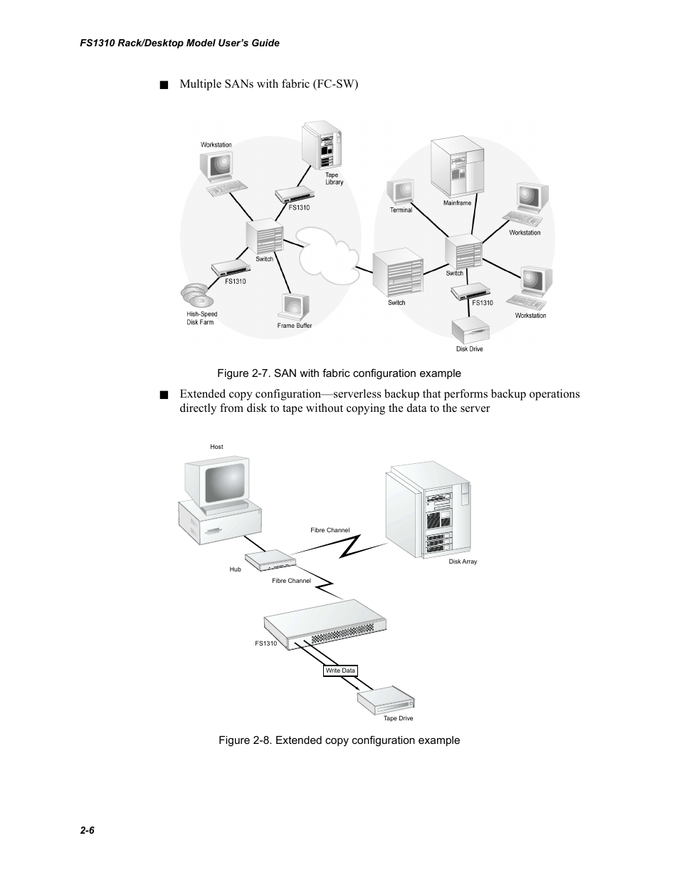 Multiple sans with fabric (fc-sw), Figure 2-7. san with fabric configuration example, Figure 2-8. extended copy configuration example | Chaparral Fibre Channel -to-SCSI Router Chaparral FS 1310 User Manual | Page 22 / 96