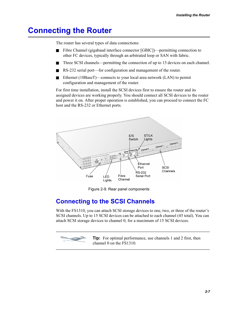 Connecting the router, Connecting to the scsi channels | Chaparral Fibre Channel -to-SCSI Router Chaparral FS 1310 User Manual | Page 23 / 96