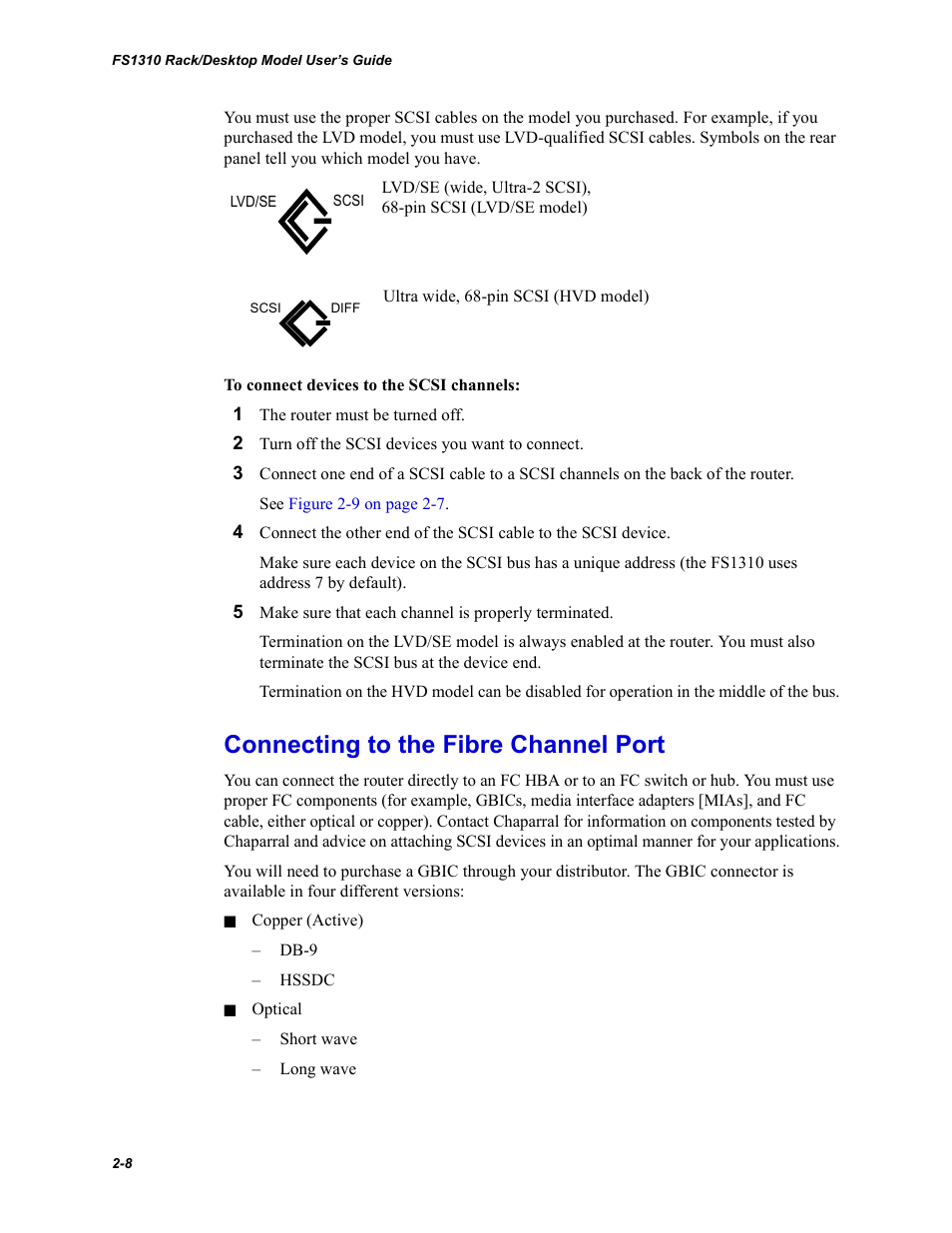 Connecting to the fibre channel port | Chaparral Fibre Channel -to-SCSI Router Chaparral FS 1310 User Manual | Page 24 / 96