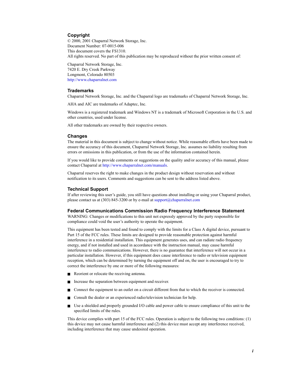 Chaparral Fibre Channel -to-SCSI Router Chaparral FS 1310 User Manual | Page 3 / 96