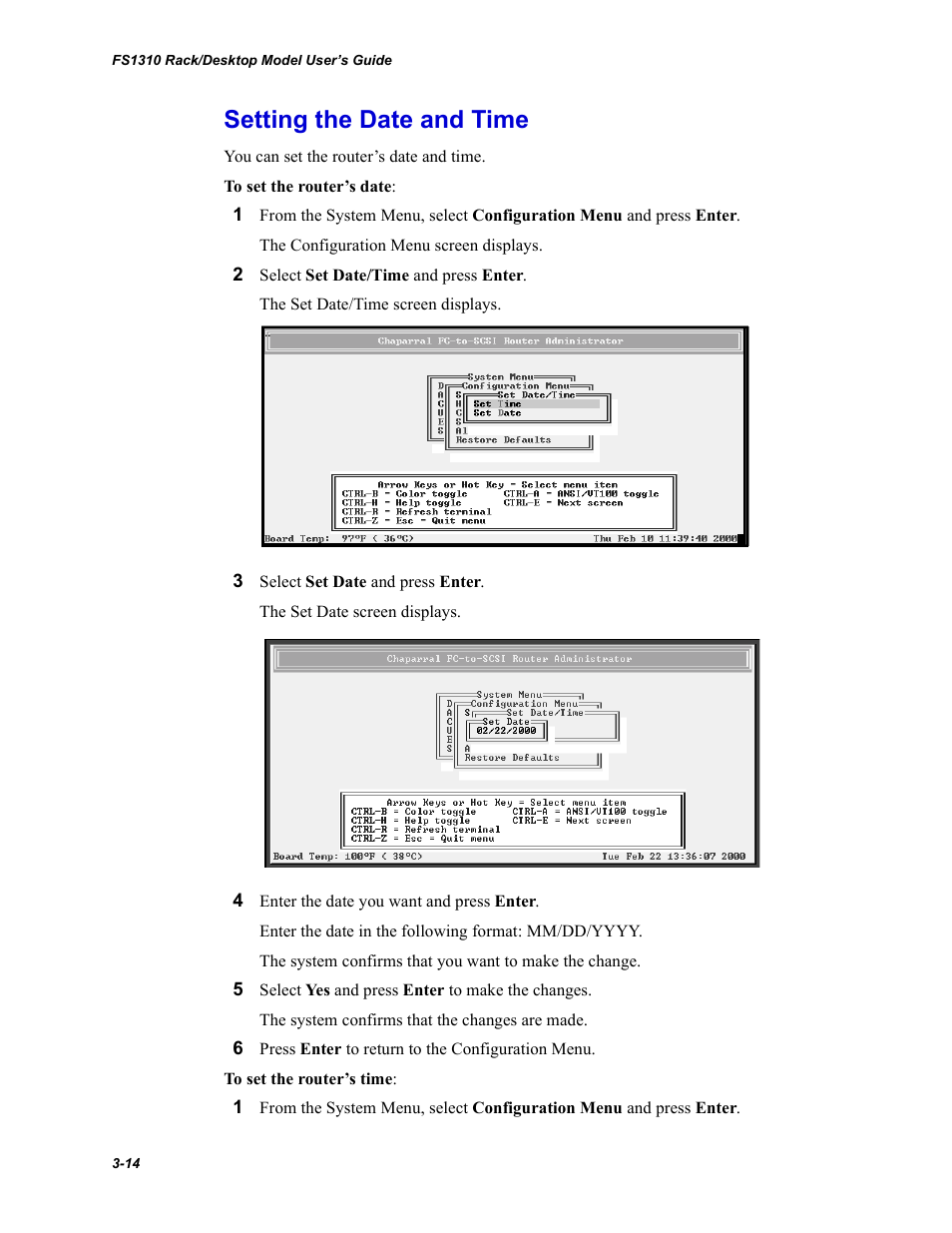 Setting the date and time | Chaparral Fibre Channel -to-SCSI Router Chaparral FS 1310 User Manual | Page 42 / 96