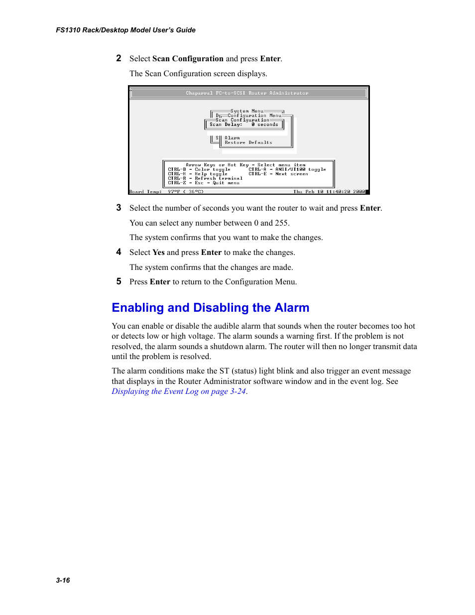Enabling and disabling the alarm | Chaparral Fibre Channel -to-SCSI Router Chaparral FS 1310 User Manual | Page 44 / 96