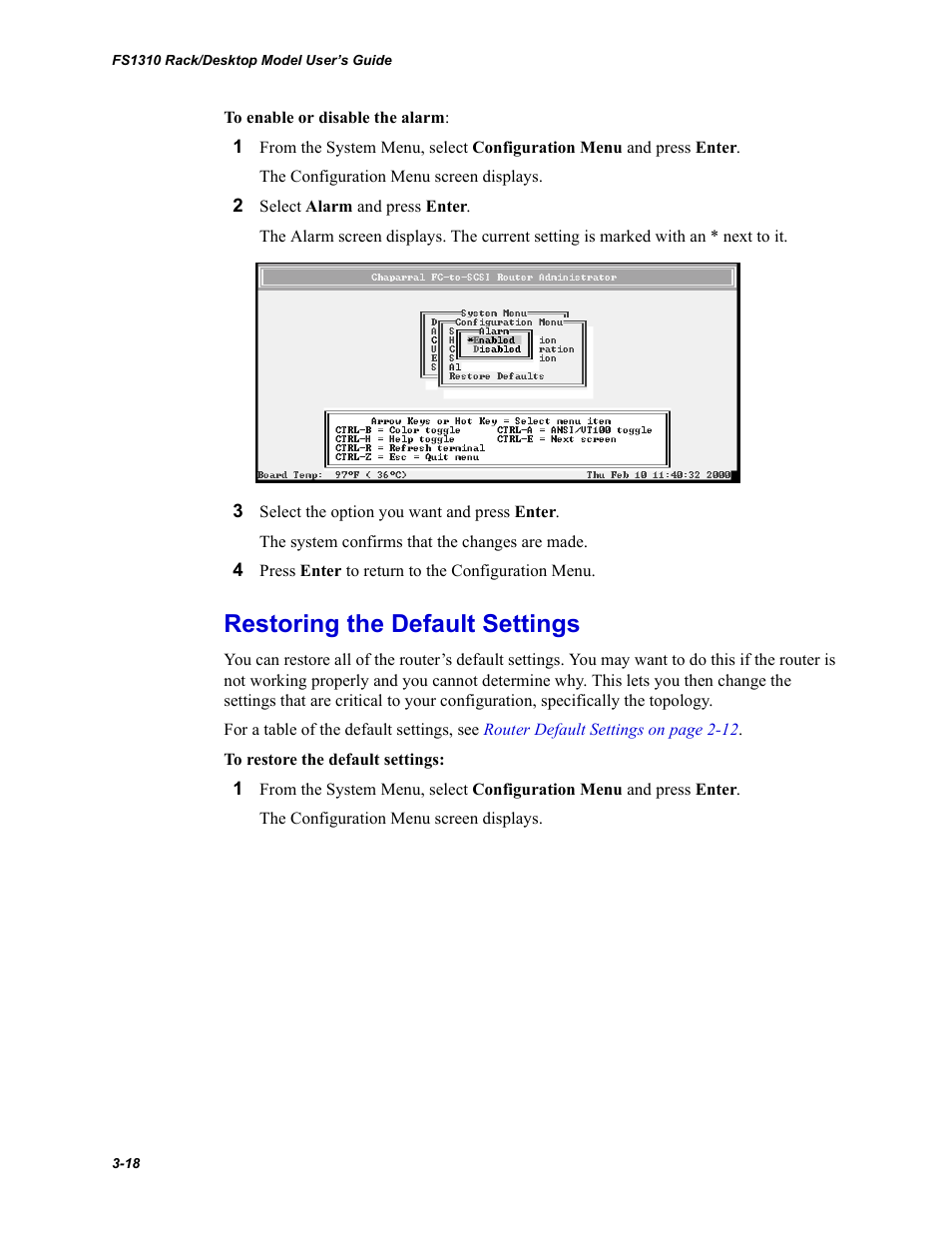 Restoring the default settings | Chaparral Fibre Channel -to-SCSI Router Chaparral FS 1310 User Manual | Page 46 / 96