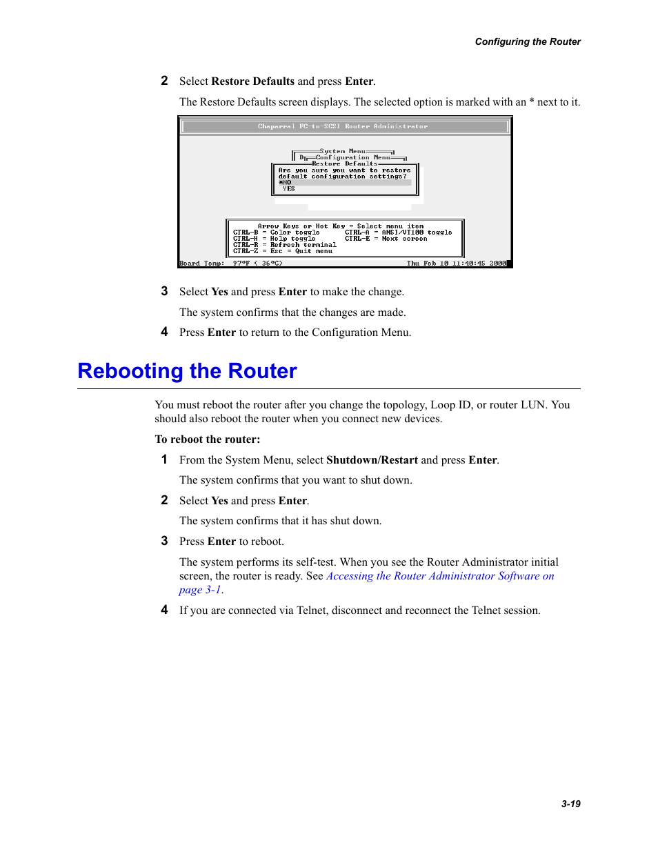 Rebooting the router, Rebooting the router on | Chaparral Fibre Channel -to-SCSI Router Chaparral FS 1310 User Manual | Page 47 / 96