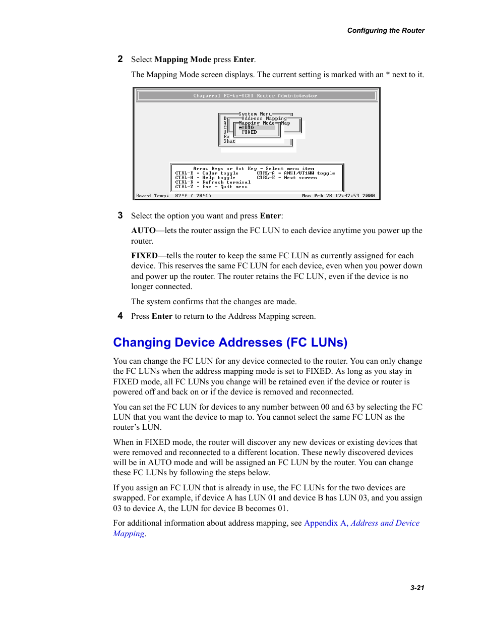 Changing device addresses (fc luns) | Chaparral Fibre Channel -to-SCSI Router Chaparral FS 1310 User Manual | Page 49 / 96