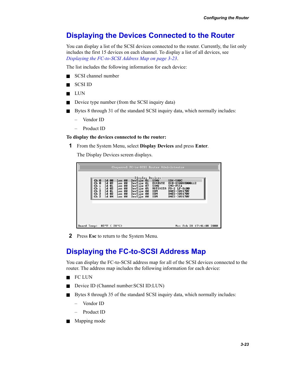 Displaying the devices connected to the router, Displaying the fc-to-scsi address map | Chaparral Fibre Channel -to-SCSI Router Chaparral FS 1310 User Manual | Page 51 / 96