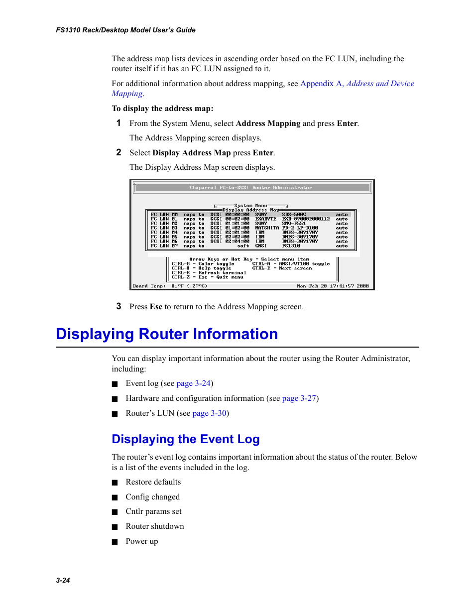 Displaying router information, Displaying the event log | Chaparral Fibre Channel -to-SCSI Router Chaparral FS 1310 User Manual | Page 52 / 96