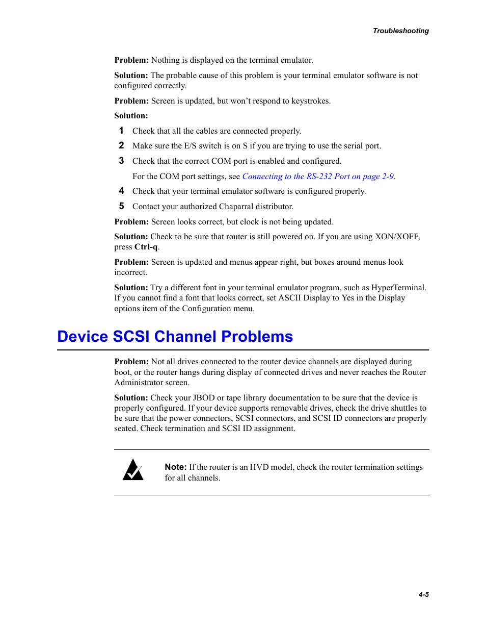 Device scsi channel problems | Chaparral Fibre Channel -to-SCSI Router Chaparral FS 1310 User Manual | Page 67 / 96