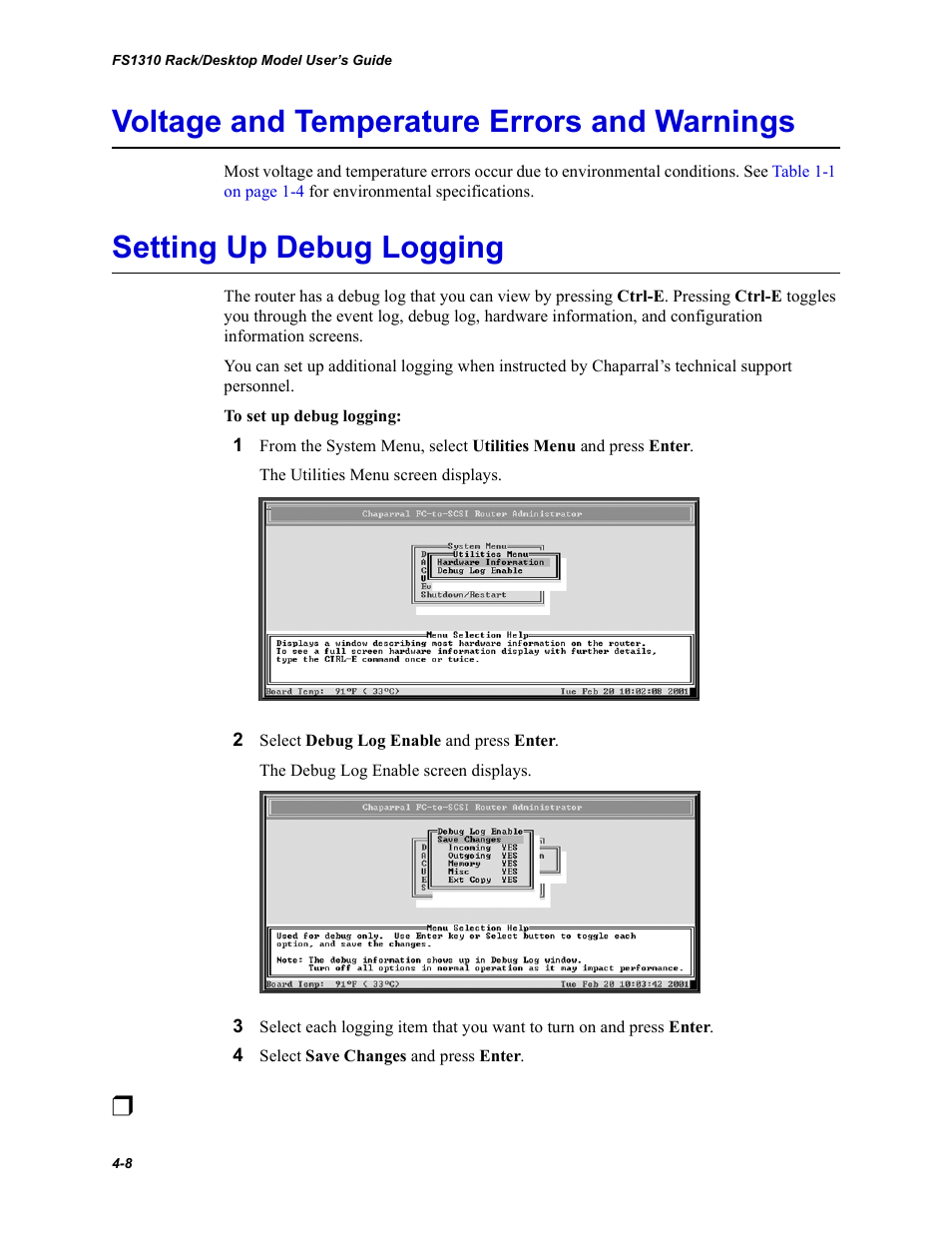 Voltage and temperature errors and warnings, Setting up debug logging | Chaparral Fibre Channel -to-SCSI Router Chaparral FS 1310 User Manual | Page 70 / 96