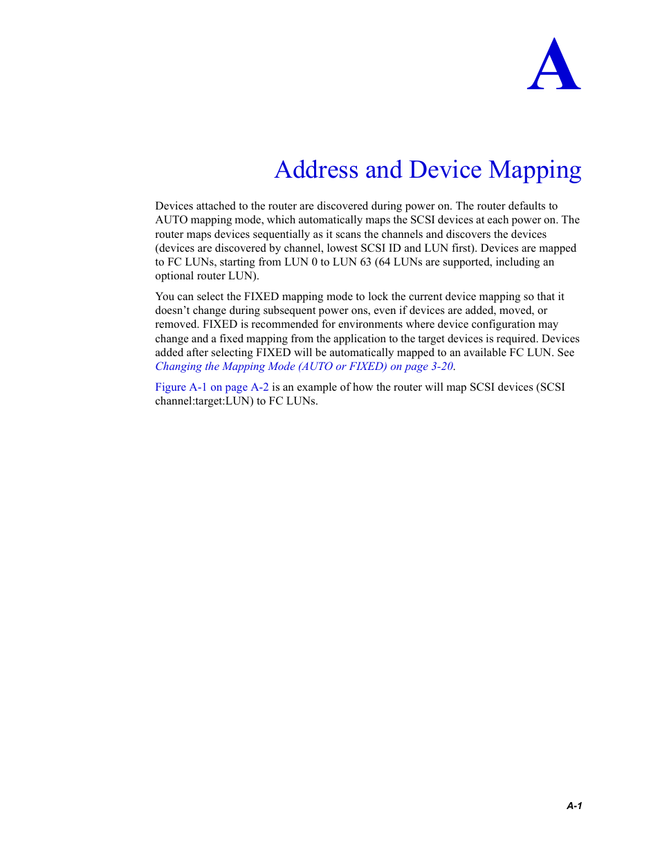 Address and device mapping, Appendix a, address and device, Mapping | Chaparral Fibre Channel -to-SCSI Router Chaparral FS 1310 User Manual | Page 71 / 96