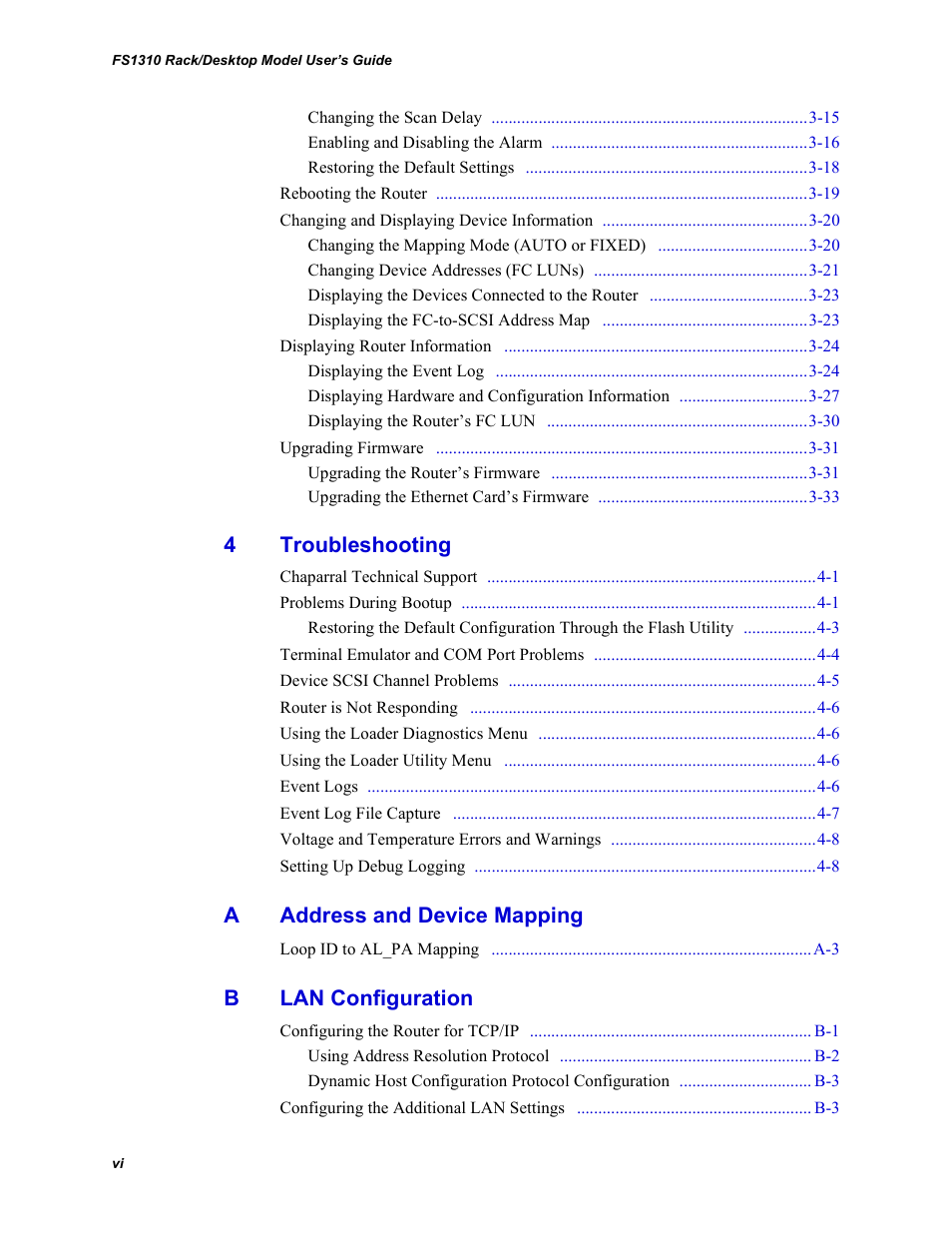 4 troubleshooting, A address and device mapping, B lan configuration | 4troubleshooting, Aaddress and device mapping, Blan configuration | Chaparral Fibre Channel -to-SCSI Router Chaparral FS 1310 User Manual | Page 8 / 96