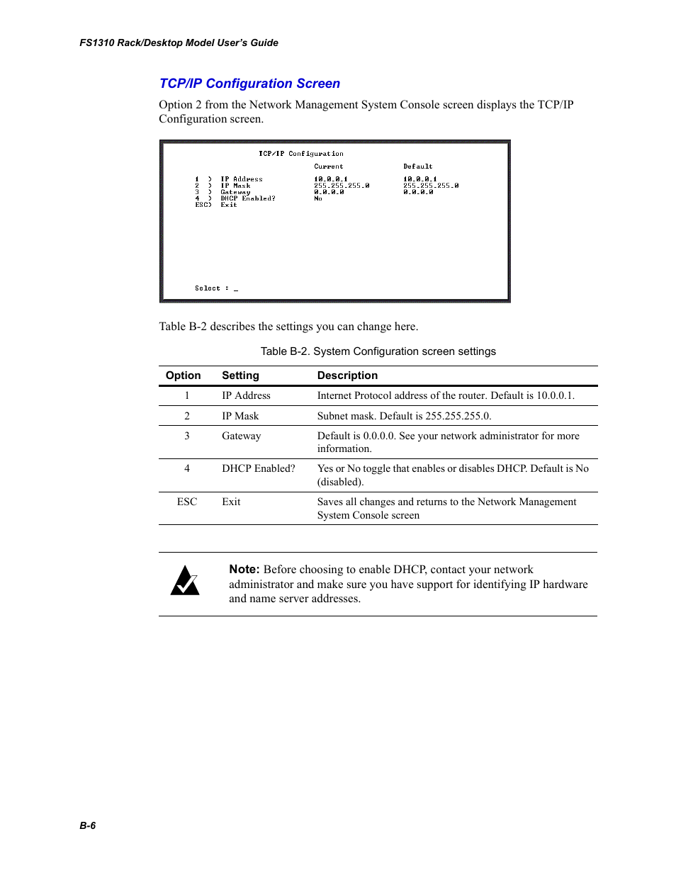 Tcp/ip configuration screen, Tcp/ip configuration | Chaparral Fibre Channel -to-SCSI Router Chaparral FS 1310 User Manual | Page 80 / 96