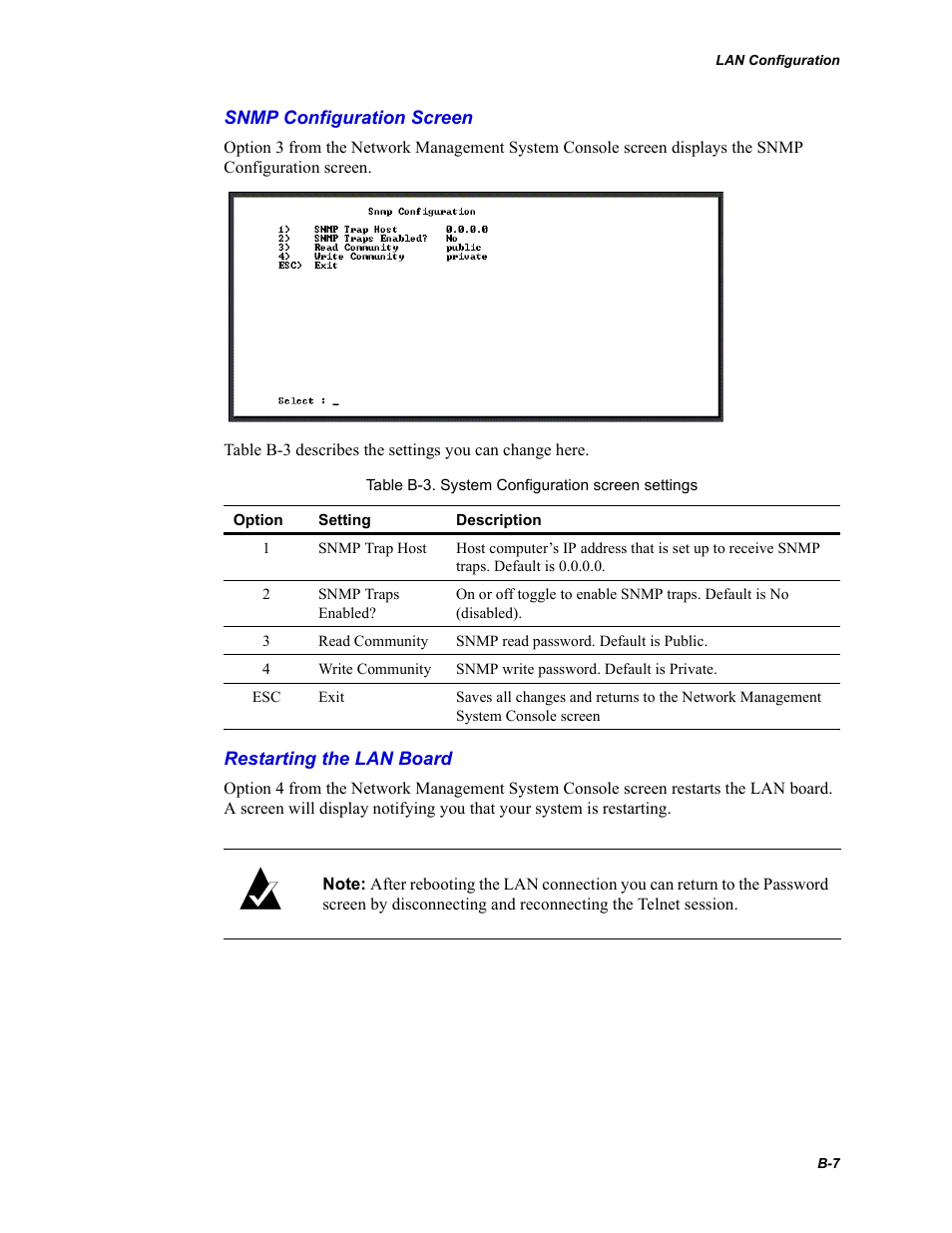 Snmp configuration screen, Restarting the lan board | Chaparral Fibre Channel -to-SCSI Router Chaparral FS 1310 User Manual | Page 81 / 96