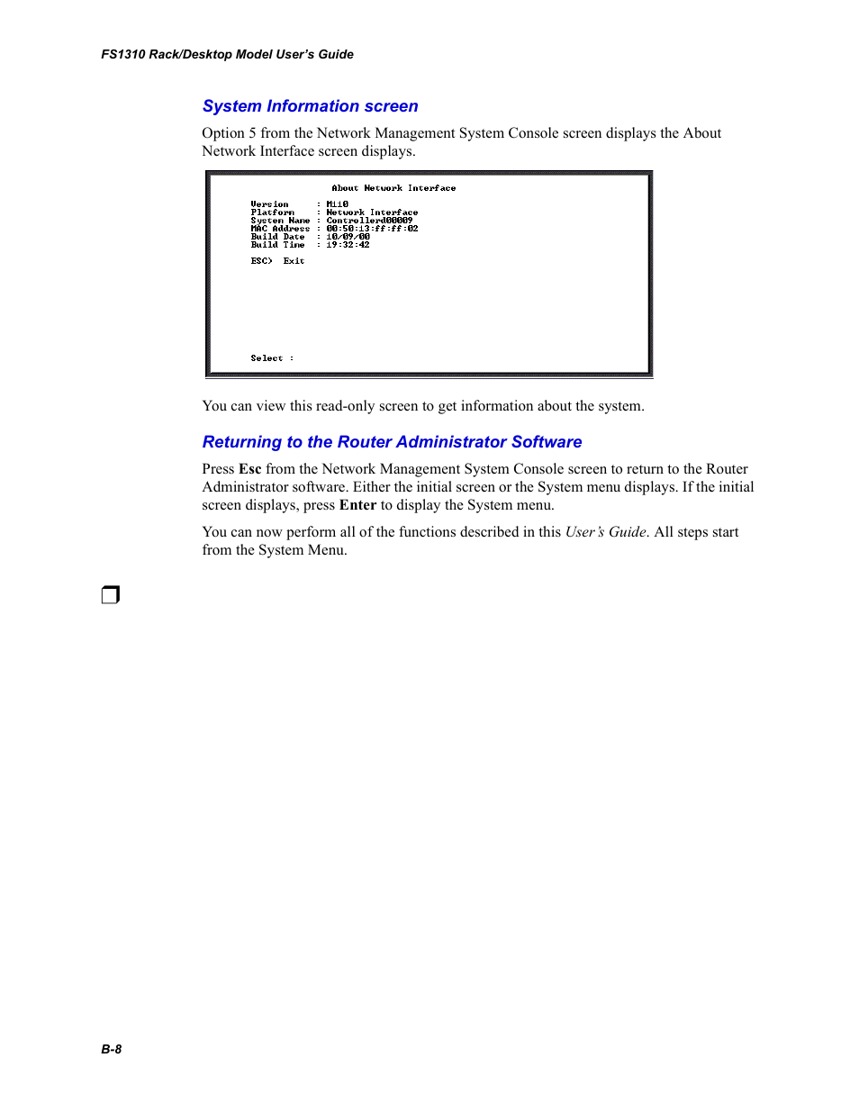 System information screen, Returning to the router administrator software | Chaparral Fibre Channel -to-SCSI Router Chaparral FS 1310 User Manual | Page 82 / 96