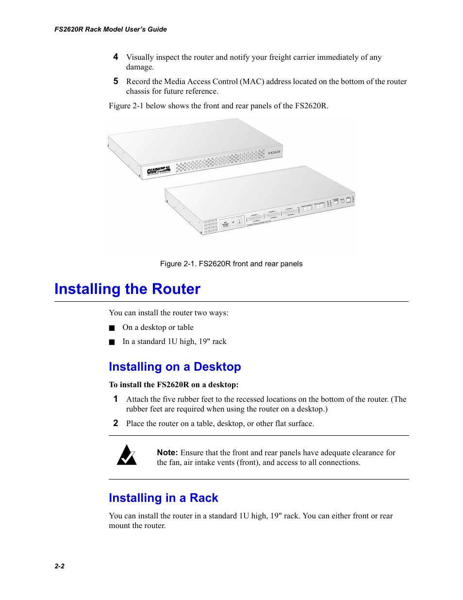 Installing the router, Installing on a desktop, Installing in a rack | Chaparral FS2620R User Manual | Page 18 / 100