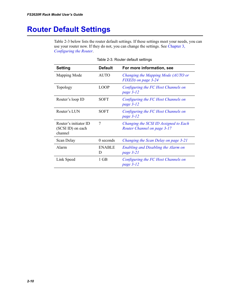 Router default settings, Router default | Chaparral FS2620R User Manual | Page 26 / 100