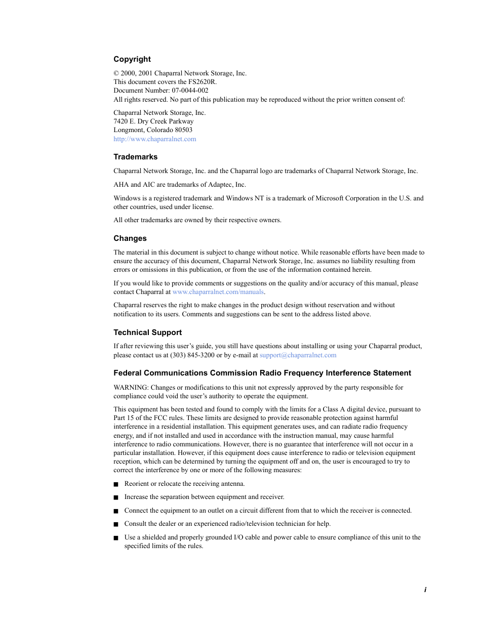 Chaparral FS2620R User Manual | Page 3 / 100