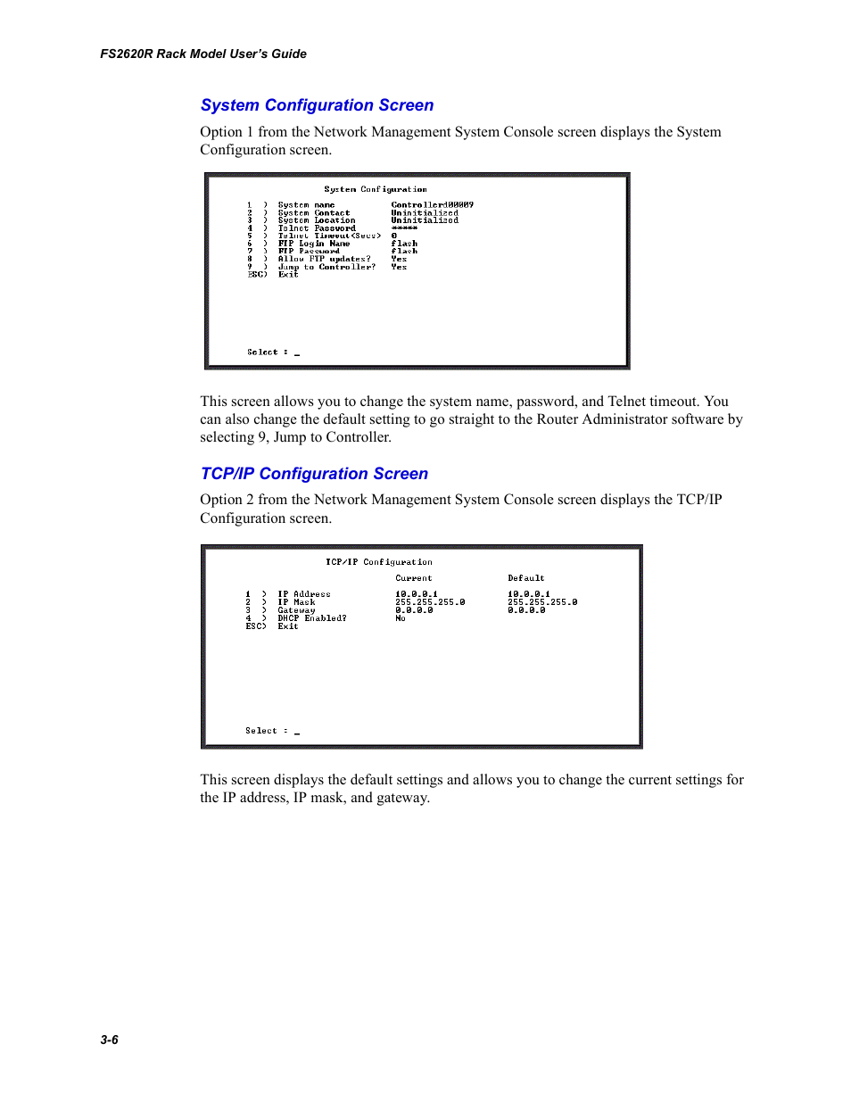 System configuration screen, Tcp/ip configuration screen | Chaparral FS2620R User Manual | Page 36 / 100