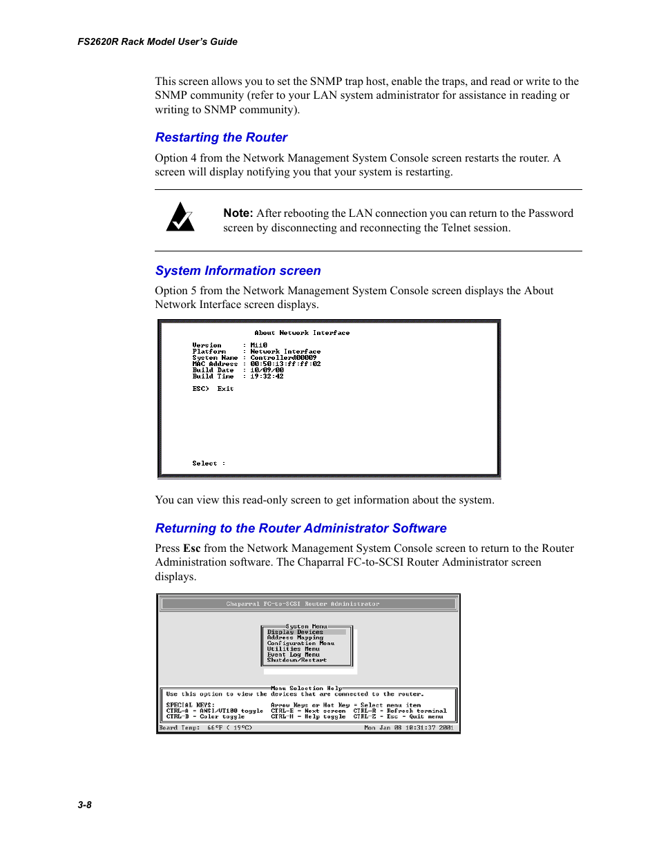 Restarting the router, System information screen, Returning to the router administrator software | Chaparral FS2620R User Manual | Page 38 / 100