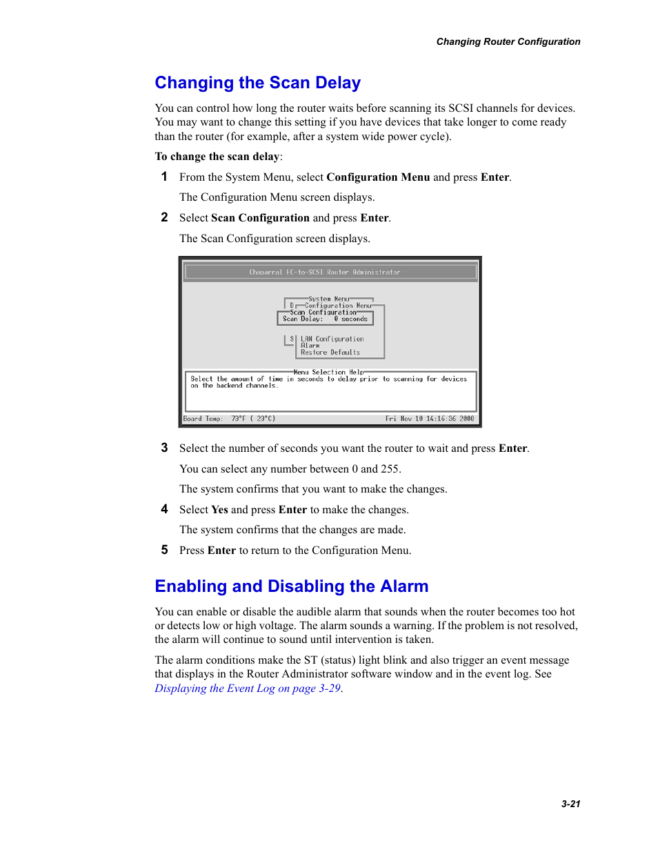 Changing the scan delay, Enabling and disabling the alarm | Chaparral FS2620R User Manual | Page 51 / 100