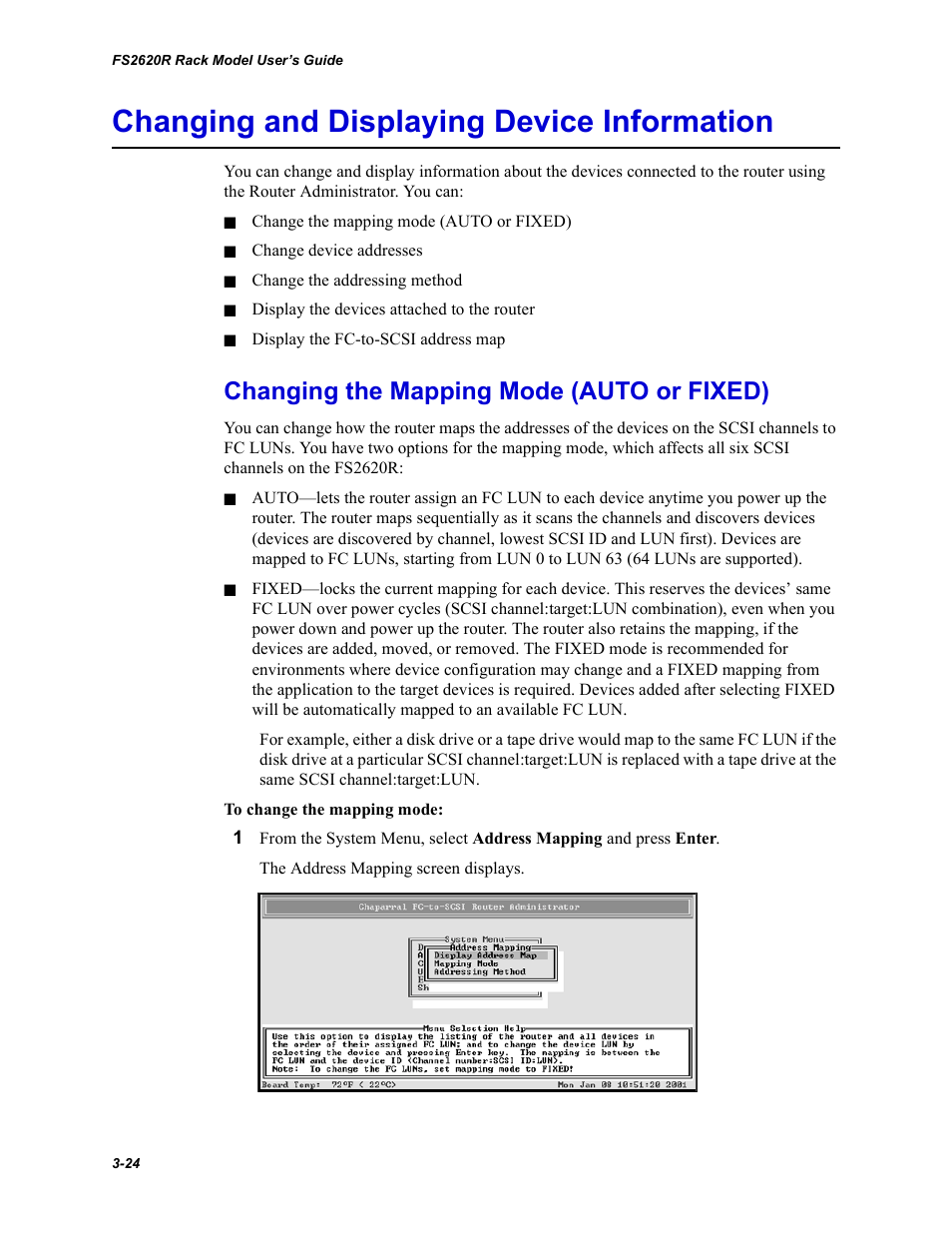 Changing and displaying device information, Changing the mapping mode (auto or fixed) | Chaparral FS2620R User Manual | Page 54 / 100