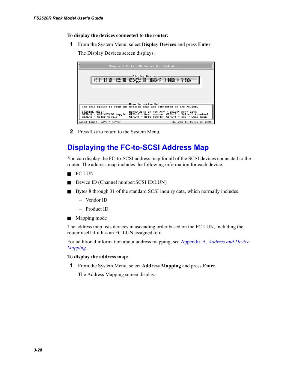 Displaying the fc-to-scsi address map | Chaparral FS2620R User Manual | Page 58 / 100