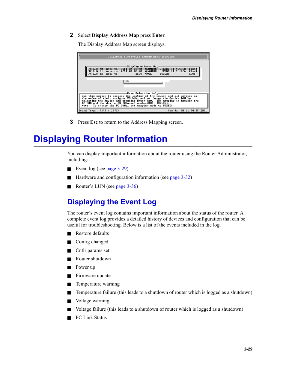 Displaying router information, Displaying the event log | Chaparral FS2620R User Manual | Page 59 / 100