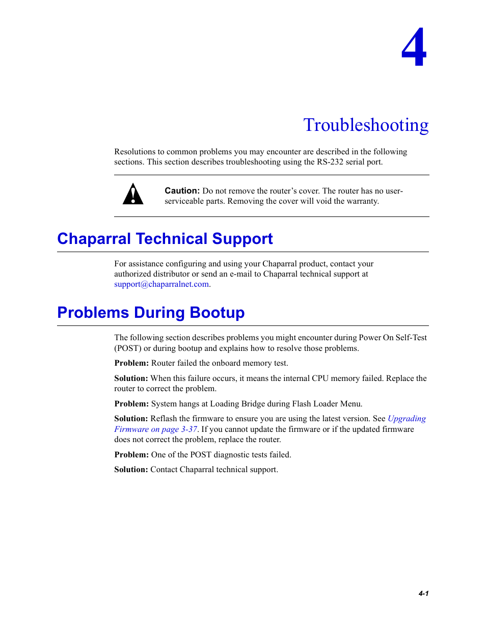 Troubleshooting, Chaparral technical support, Problems during bootup | Chapter 4, troubleshooting | Chaparral FS2620R User Manual | Page 71 / 100