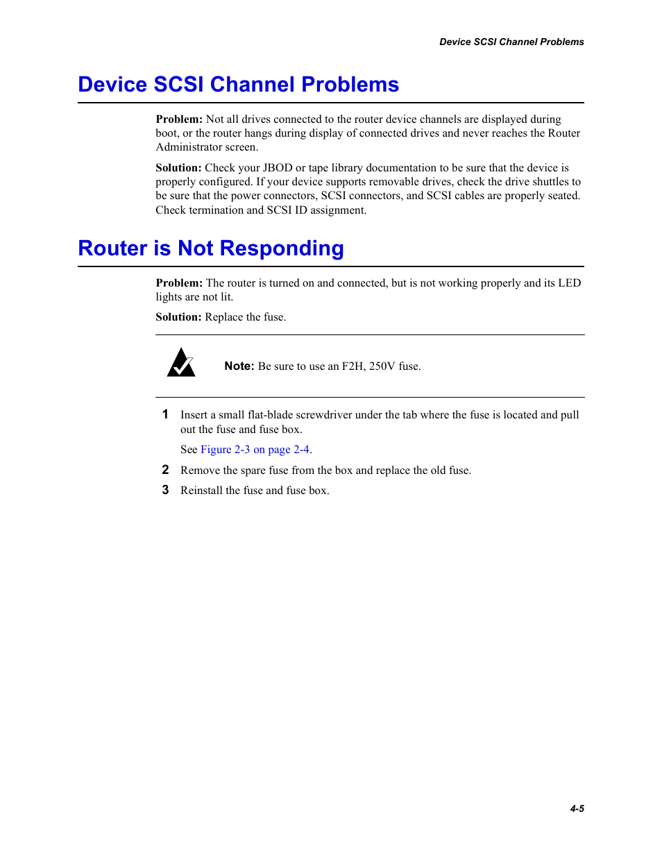 Device scsi channel problems, Router is not responding | Chaparral FS2620R User Manual | Page 75 / 100