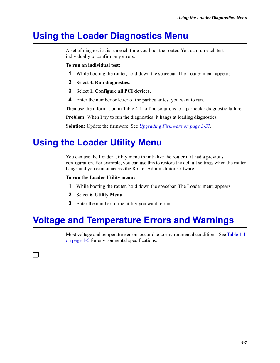 Using the loader diagnostics menu, Using the loader utility menu, Voltage and temperature errors and warnings | Chaparral FS2620R User Manual | Page 77 / 100