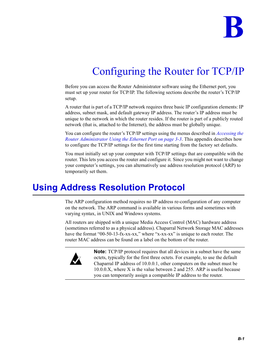 Configuring the router for tcp/ip, Using address resolution protocol, Appendix b, configuring the router for tcp/ip | Appendix b | Chaparral FS2620R User Manual | Page 83 / 100