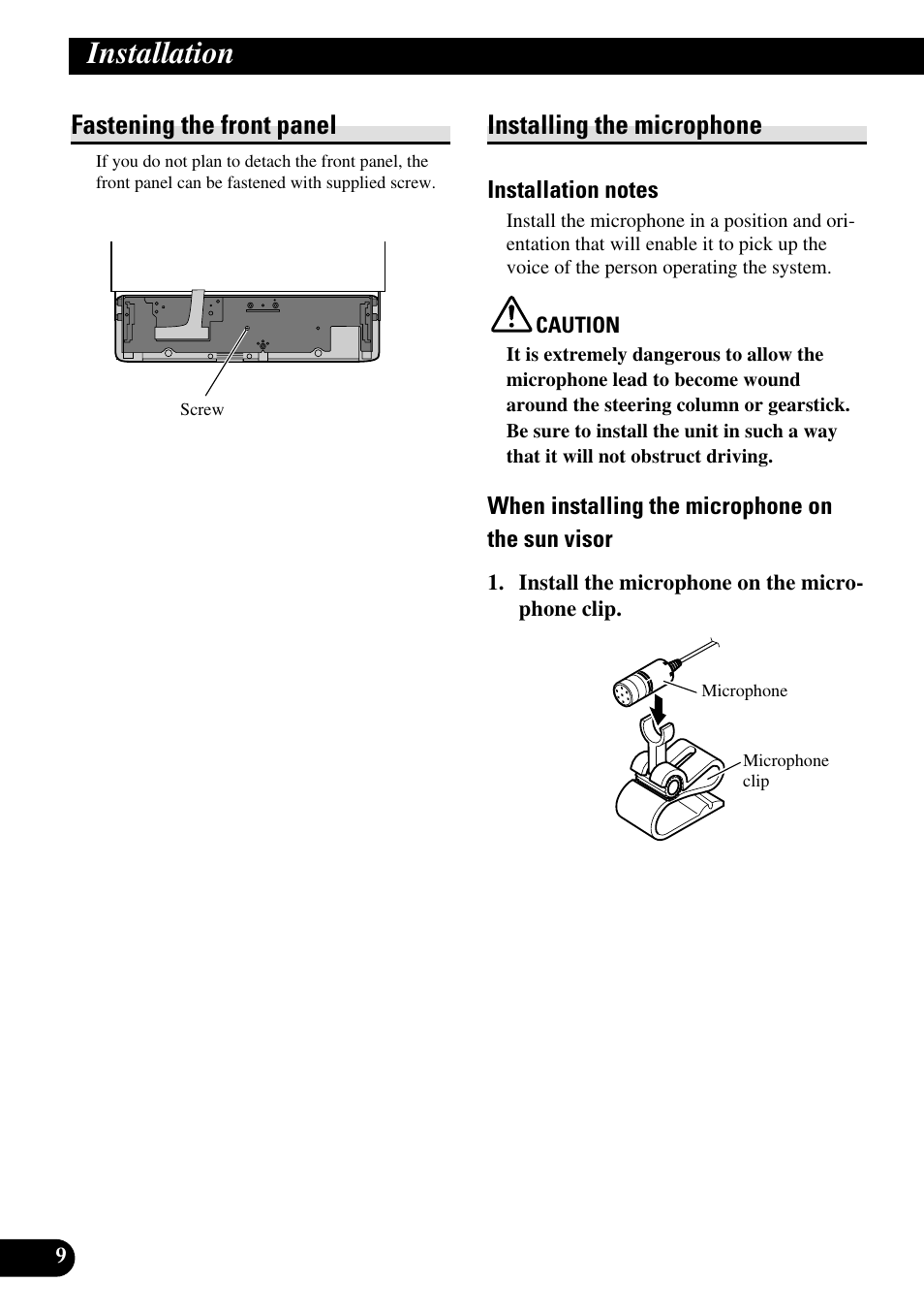 Installation, Fastening the front panel, Installing the microphone | Pioneer DEH-P85BT User Manual | Page 10 / 72
