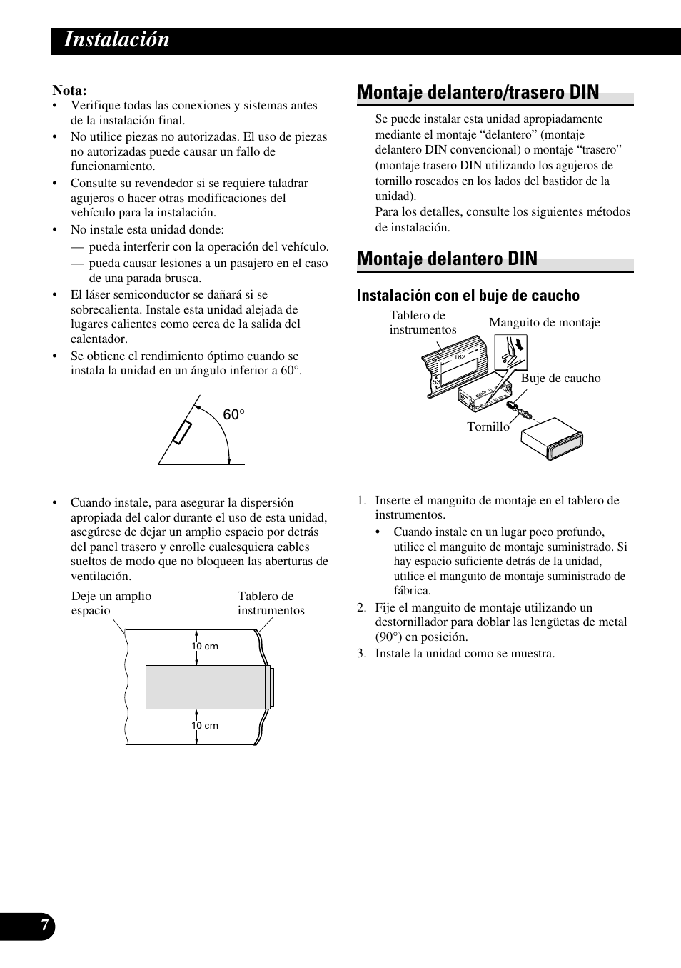 Instalación, Montaje delantero/trasero din, Montaje delantero din | Instalación con el buje de caucho | Pioneer DEH-P85BT User Manual | Page 18 / 72