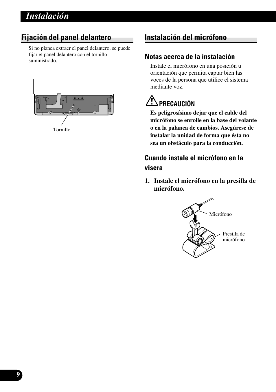 Instalación, Fijación del panel delantero, Instalación del micrófono | Pioneer DEH-P85BT User Manual | Page 20 / 72