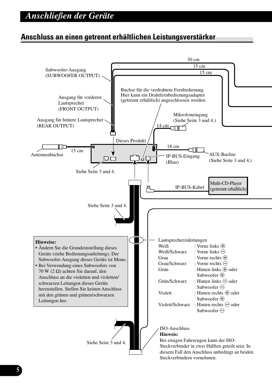 Anschluss an einen getrennt erhältlichen, Leistungsverstärker, Anschließen der geräte | Pioneer DEH-P85BT User Manual | Page 26 / 72