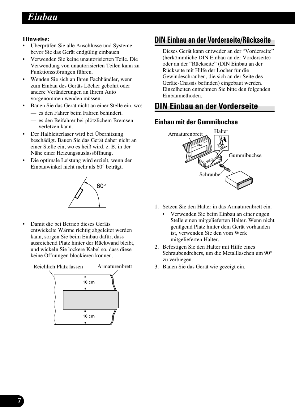 Einbau, Din einbau an der vorderseite/rückseite, Din einbau an der vorderseite | Einbau mit der gummibuchse | Pioneer DEH-P85BT User Manual | Page 28 / 72